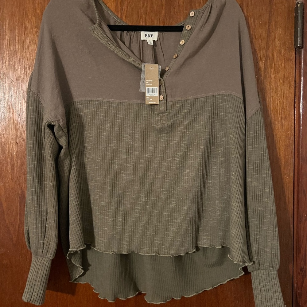 BKE Olive Green Long Sleeve Polo Blouse